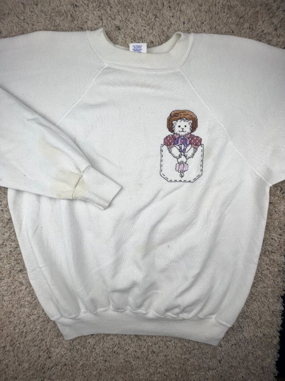 VTG Ultra Sweats Sweatshirt Adult XL Off-white Ladies Cat Kitten Pocket Cute